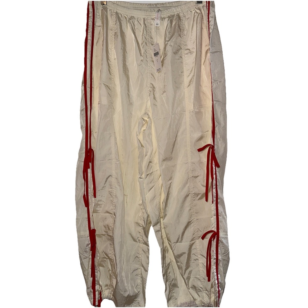 Anthropologie Cream Track Pants with Red Trim